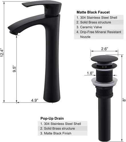 Miniatura 6 de Fregadero de recipiente negro mate de 16 x 13 con grifo y drenaje combinado, fregadero de baño ovalado de porcelana sobre el mostrador Mate negro