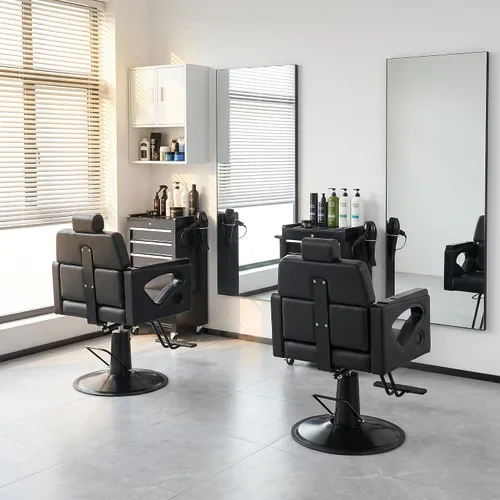 Miniatura 7 de All Black Salon Chair, Professional Hydraulic Barber Hair Styling Chair with 360° Swivel 135° Reclining, Multi-Function Braiding Hairdresser Chairs