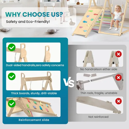 Miniatura 5 de BlueWood Gimnasio de la selva interior 4 en 1, juego de escalada plegable de madera con columpio, tobogán, escalera y pared de escalada, juego