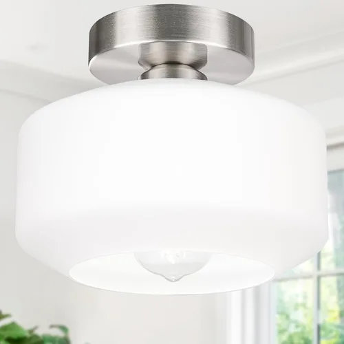 Miniatura 20 de Lámpara de techo industrial semiempotrada, bombilla LED de 800 lúmenes incluida, pantalla de vidrio texturizado, lámpara estilo granja para pasillo