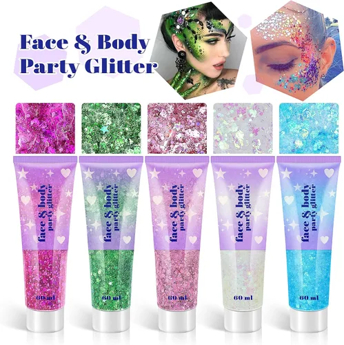 Miniatura 3 de Gel de purpurina corporal, 2 frascos de gel con purpurina facial y lentejuelas para cabello, labios, sombra de ojos, uñas, gel de purpurina gruesa