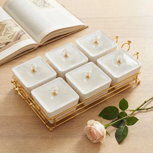 Miniatura 5 de YA JU Cuencos de cerámica y con tapa, bandejas doradas, 6 cuencos pequeños extraíbles, bandejas para condimentos, juego de frutos secos, para Blanco