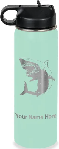 Miniatura 53 de LaserGram Botella de agua personalizada, gran tiburón blanco, acero inoxidable de doble pared aislada al vacío con popote superior, regalo grabado
