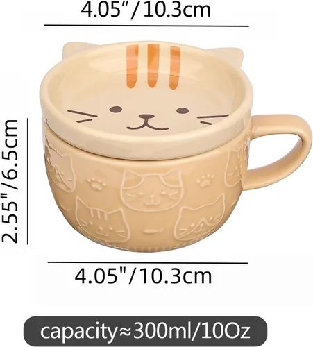 Miniatura 6 de Linda Taza de Café de Cerámica con Gato con Tapa, Tazas de Café Kawaii o Tazas de Té para Amantes de los Gatos, Divertidos Tazones de Desayuno