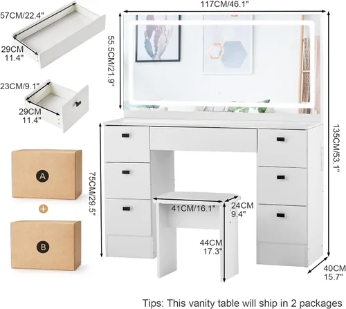 Miniatura 7 de CLIPOP Escritorio de tocador de maquillaje con espejo iluminado grande, mesa de maquillaje con 7 cajones, toma de corriente, control táctil, 3 modos