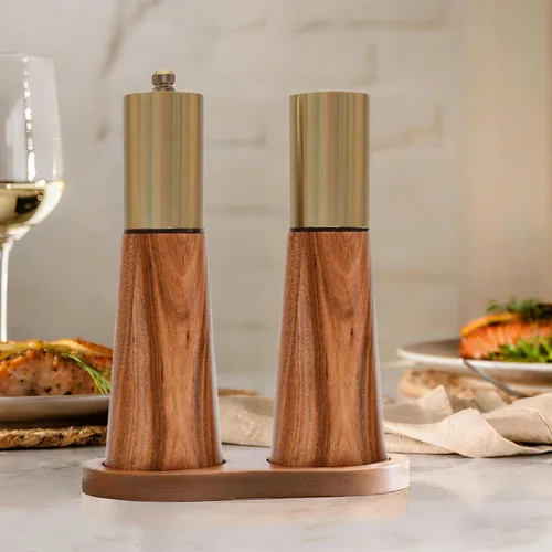 Miniatura 8 de Juego de molinillo de sal y pimienta, molinillo de pimienta de madera de acacia con grosor ajustable, molinillo de hoja de cerámica recargable