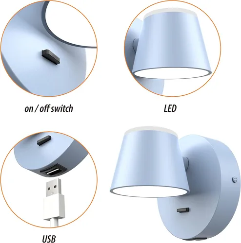 Miniatura 3 de URSOLA Juego de dos lámparas de pared, apliques de pared LED con interruptor de encendido/apagado, puerto de carga USB, 110 voltios, lámpara de Azul