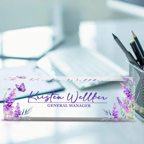 Miniatura 2 de Placa de nombre de escritorio personalizada, placas de nombre de oficina acrílicas personalizadas para escritorios, decoración de escritorio morada