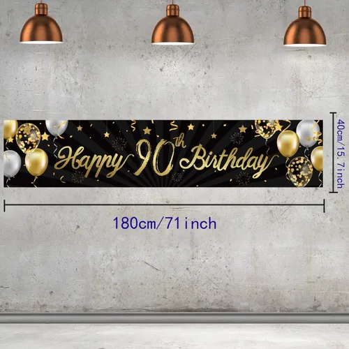 Miniatura 2 de Cartel de feliz cumpleaños 90 para hombres y mujeres, letrero negro y dorado con purpurina de 90 años, suministros de decoración de fiesta