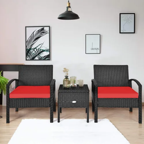 Miniatura 3 de Tangkula Juego de 3 piezas de mimbre para patio, muebles de ratán para exteriores con cojín grueso lavable y mesa auxiliar con espacio