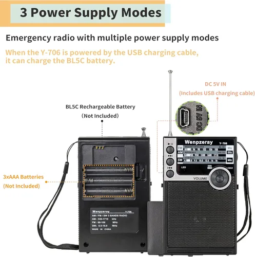 Miniatura 4 de Y-706 Radio de bolsillo portátil AM FM SW Banda Receptor Transistor con batería con buen sonido fuerte Soporte de altavoz pequeño USB/TF Card Play
