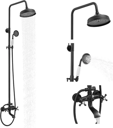 Miniatura 10 de Kit de ducha de latón antiguo para exteriores, ducha expuesta de 8 pulgadas, cabezal de ducha de lluvia de alta presión con rociador de mano