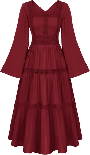 Scarlet Darkness Vestido renacentista para mujer, vestido pirata, campesino, mangas acampanadas, vestidos largos con vuelo