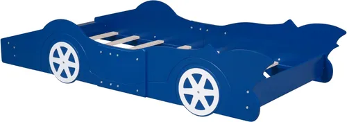 Miniatura 5 de Cama de plataforma con ruedas en forma de auto de carreras para niños, marco de cama de madera con listones de soporte, para niños, dormitorio