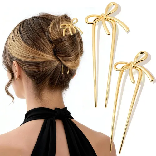 2 horquillas francesas de metal dorado para mujeres y niñas, elegantes horquillas en forma de U con diseño de lazo, horquillas de pelo con torsión