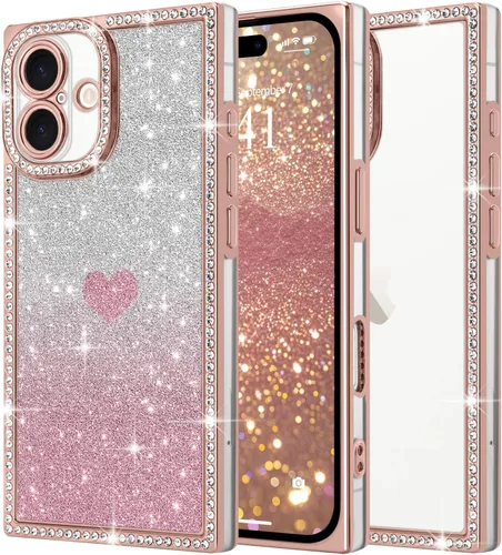 Miniatura 24 de Funda para iPhone 13, funda de diamantes de imitación de lujo con patrón de corazón de amor de cristal [papel con purpurina extraíble], parachoques