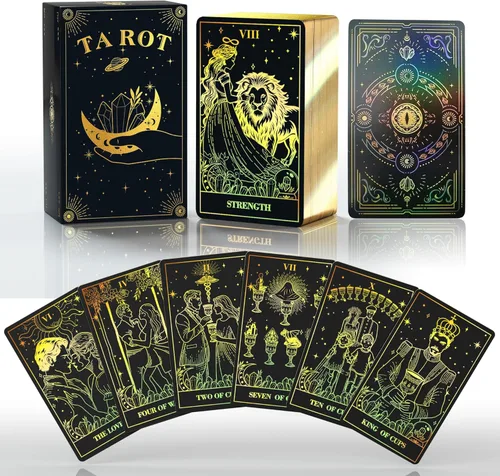 Miniatura 7 de WJPC Juego de cartas de tarot de lámina de oro rosa con guía y caja de regalo para principiantes y expertos. Tarjetas de juego de adivinación