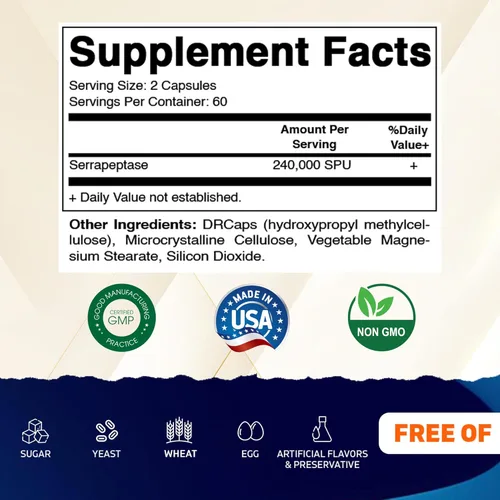 Miniatura 2 de Vitamatic Serrapeptase 240,000 SPU por porción, 120 cápsulas de liberación retardada - Recubrimiento entérico - Sin OGM - Fabricado en los Estados