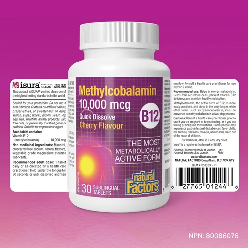Miniatura 8 de Natural Factors Metilcobalamina 10,000 mcg - Suplemento de vitamina B12 en forma metabólicamente activa - Suplemento apoya la formación celular