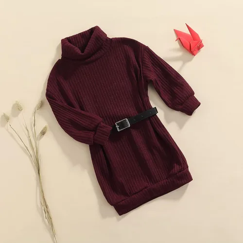 Miniatura 6 de GOOCHEER Trajes de bebé niña con cuello alto, vestido de suéter de punto para niños, vestidos de manga larga acanalados sólidos + cinturón ropa