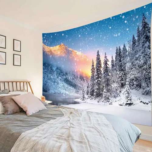 Miniatura 16 de LB Tapiz de Bosque de Nieve de Invierno, Pino Negro y Verde con Copo de Nieve Blanco Tapiz de Pared para Dormitorio, Arte de Pared de Paisaje