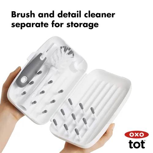 Miniatura 7 de OXO Tot - Cepillo para botellas con limpiador de pezones y soporte, color gris, paquete de 2 y estante de secado Tot tamaño viaje con cepillo