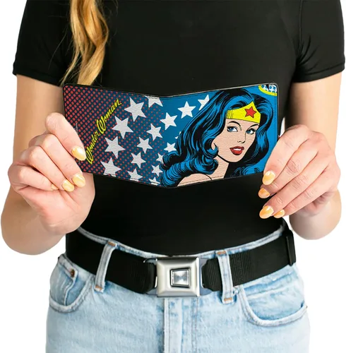 Miniatura 6 de Buckle-Down Billetera plegable de PU para hombre, diseño de estrellas y cara de la mujer maravilla, azul, rojo, amarillo, blanco, multicolor, 4.0 x