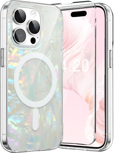 Funda MagSafe para iPhone 15 Pro para mujeres y niñas, funda magnética iridiscente con purpurina iridiscente de ópalo perlado [1 protector de Nube