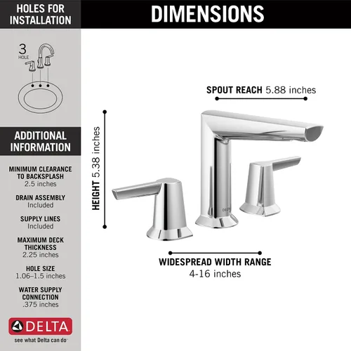 Miniatura 2 de Delta Grifo Galeon cromado de 3 agujeros, grifo de baño cromado para lavabo de baño, grifo de lavabo de baño con tecnología de sello de diamante
