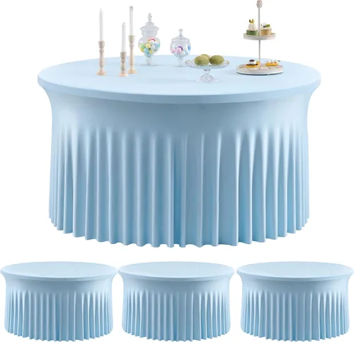 Miniatura 12 de Paquete de 6 manteles redondos de elastano azul bebé para mesa de 60 pulgadas, manteles elásticos de 120 pulgadas ajustables de 5 pies, manteles