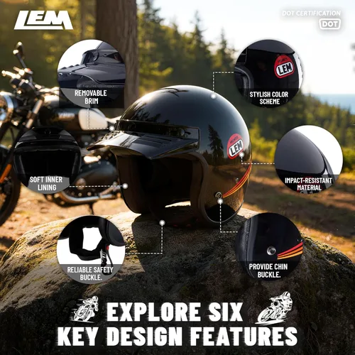 Miniatura 6 de LEM Medio casco de motocicleta, para hombres y mujeres, casco de motocicleta y scooter certificado DOT, estilo vintage para montar en crucero