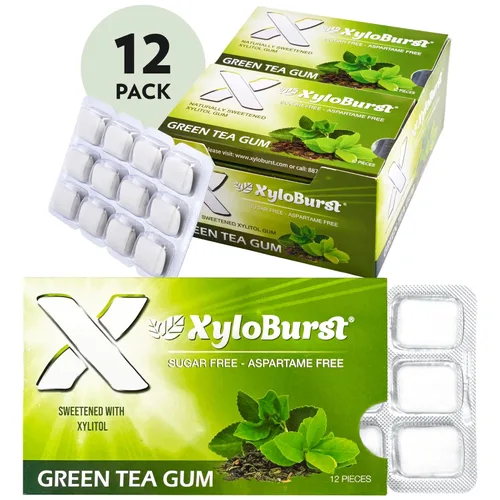 Miniatura 4 de XyloBurst Goma de mascar de xilitol, sin azúcar, sin gluten, apto para dieta cetogénica, sin aspartamo, para la salud bucal, té verde, 12 piezas