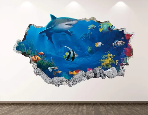 Calcomanía de pared de tiburón, decoración 3D de acuario aplastado, póster para habitación de niños, regalo personalizado BL130 (22 pulgadas de