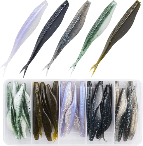 Miniatura 10 de Cebos de pesca de cola de pala, 5 piezas/15 piezas/25 piezas/30 piezas/40 señuelos de plástico suave Jerkbait para pesca de lubina Plata Gris