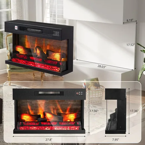 Miniatura 6 de ROVSUN - Chimenea eléctrica de 28 pulgadas de 3 lados con inserto de vidrio, chimenea eléctrica con control remoto, chimenea empotrada y de pared