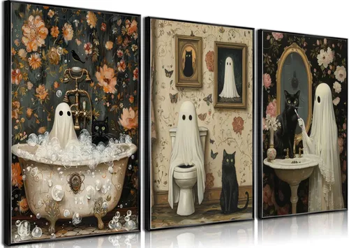 Miniatura 9 de NBYARTQ Pósteres de Fantasmas de Halloween Arte de Pared Juego de 3 Impresiones de Terror Espeluznante Academia Oscura Fantasma y Gato Negro