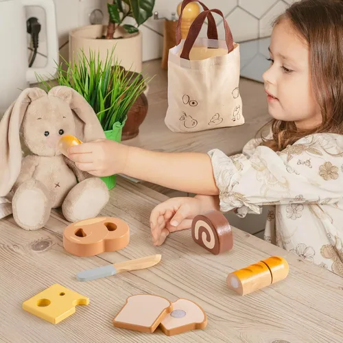 Miniatura 9 de ROBOTIME Juego de Comida de Juguete de Madera para Cortar Pan, Juguete de Comida de Simulación para Cocina de Juguete con Bolsa de Compras