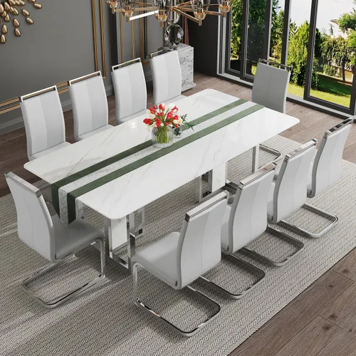 Miniatura 22 de Juego de mesa de comedor moderno de 67 pulgadas para 6, juego de mesa de cocina blanca, juego de mesa de comedor de lujo con mesa de mármol