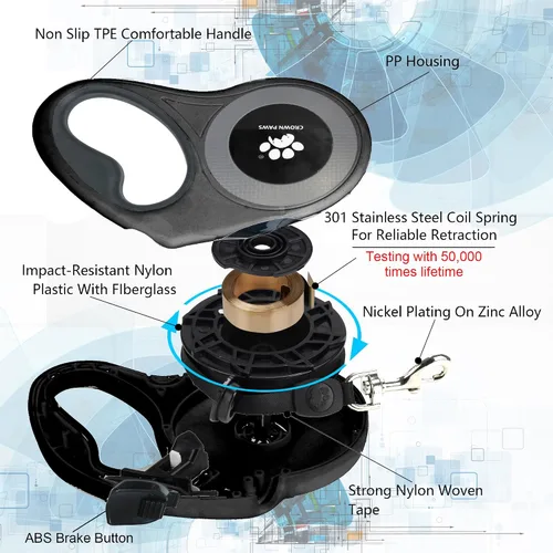 Miniatura 8 de Correa retráctil de 16 pies para perros extra grandes de hasta 130 libras, cinta de nailon sin enredos, color negro Dan24 XL