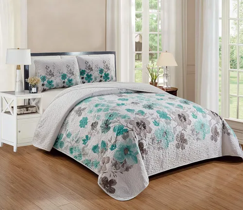 Miniatura 2 de Home Collection Colcha de gran tamaño de 3 piezas tamaño King/California King con estampado floral turquesa y marrón 118" x 95" Nueva
