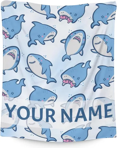 Manta de tiburón personalizada con nombre, 30 x 40 pulgadas, lindas mantas de tiburón para niños y niñas, manta de felpa suave y mullida azul claro