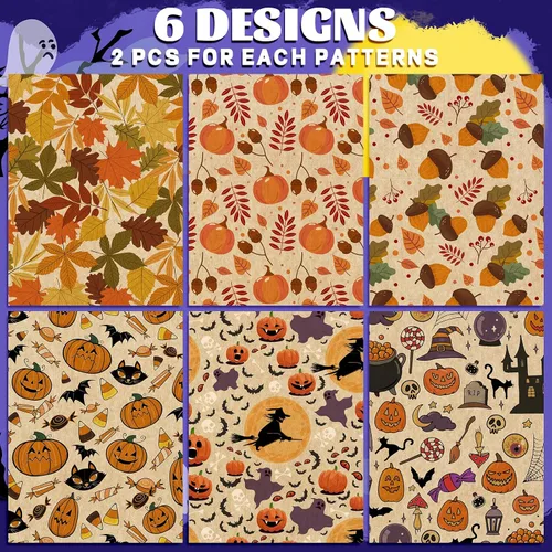 Miniatura 3 de Whaline 12 hojas de papel de estraza de Halloween para otoño, calabaza, fantasma, bruja y hojas de arce, 6 diseños de cosecha de otoño, hojas planas