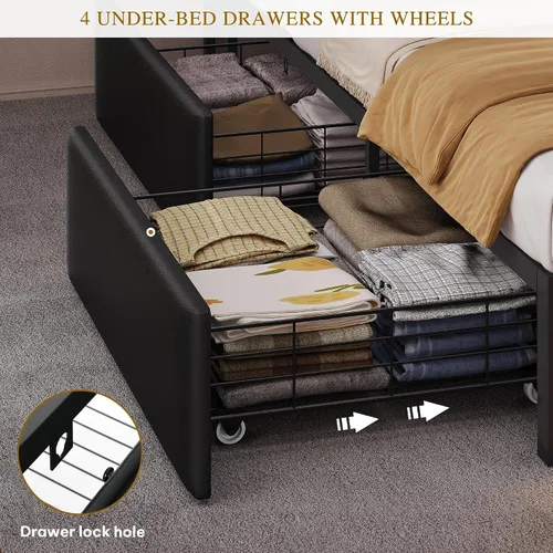 Miniatura 8 de DWVO Base de cama tamaño Queen con luces LED RGB y cabecera de estantería de almacenamiento, cama tapizada con estación de carga y 4 cajones,