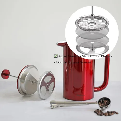 Miniatura 3 de Cafetera de 8 tazas, con prensa de café francesa, 34 onzas, acero inoxidable, resistente, tetera con desatascador de acero inoxidable, Vajilla, Rojo