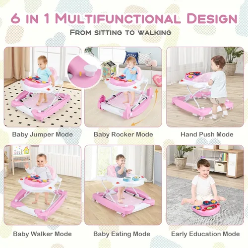 Miniatura 2 de BABY JOY Andador de bebé 6 en 1, andador de bebé plegable con ruedas, altura ajustable, música, luces, modo saltador y mecedora, andadores de bebé
