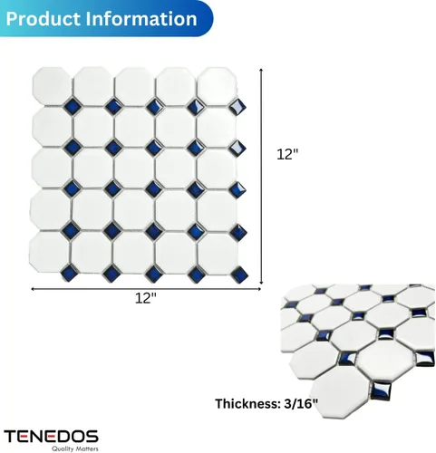 Miniatura 4 de Tenedos Mosaico de porcelana octagonal blanco mate con puntos azules cobalto brillantes, diseño italiano para suelos de baño y salpicaduras