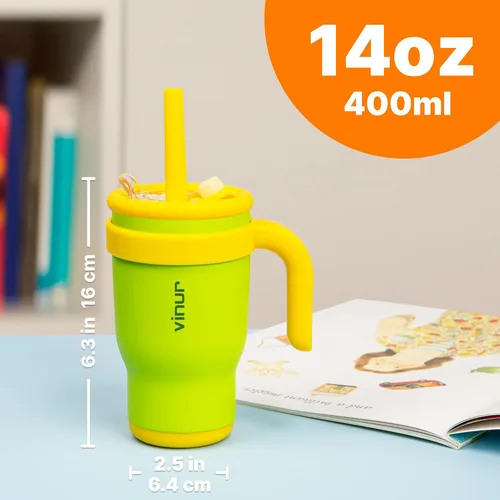 Miniatura 5 de VINUR Vaso para niños con asa - 14 oz de acero inoxidable con aislamiento al vacío de doble pared con tapa y pajita, vaso de agua de viaje