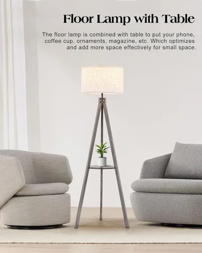 Miniatura 7 de ELYONA Lámpara de pie con trípode de madera estilo granja con mesa, lámpara de pie de lectura moderna con 3 temperaturas de color, bombilla LED