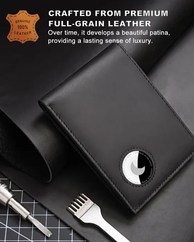 Miniatura 25 de Billetera AirTag para hombre, de piel auténtica plegable con bloqueo Rfid AirTag con ranuras para efectivo y ventana de identificación, compatible