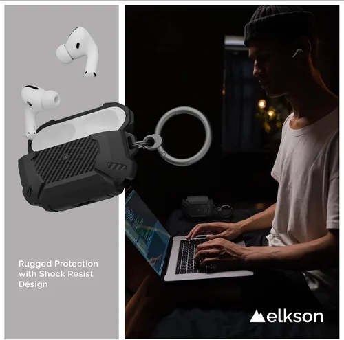 Miniatura 4 de elkson Compatible con AirPods Pro 2 1, funda segura con llavero rígido, parachoques de fibra de carbono, cuerpo completo, a prueba de golpes